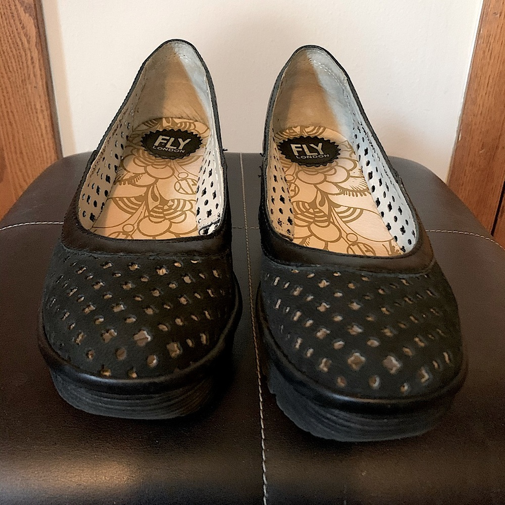 Fly London black wedge slip on with cutout detail